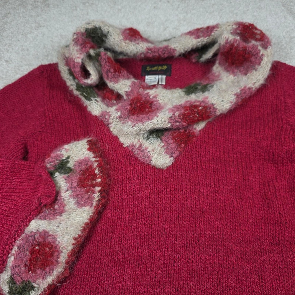 Invisible World Sweater Women SM Red Alpaca Wool Floral Cowl Neck Handcrafted